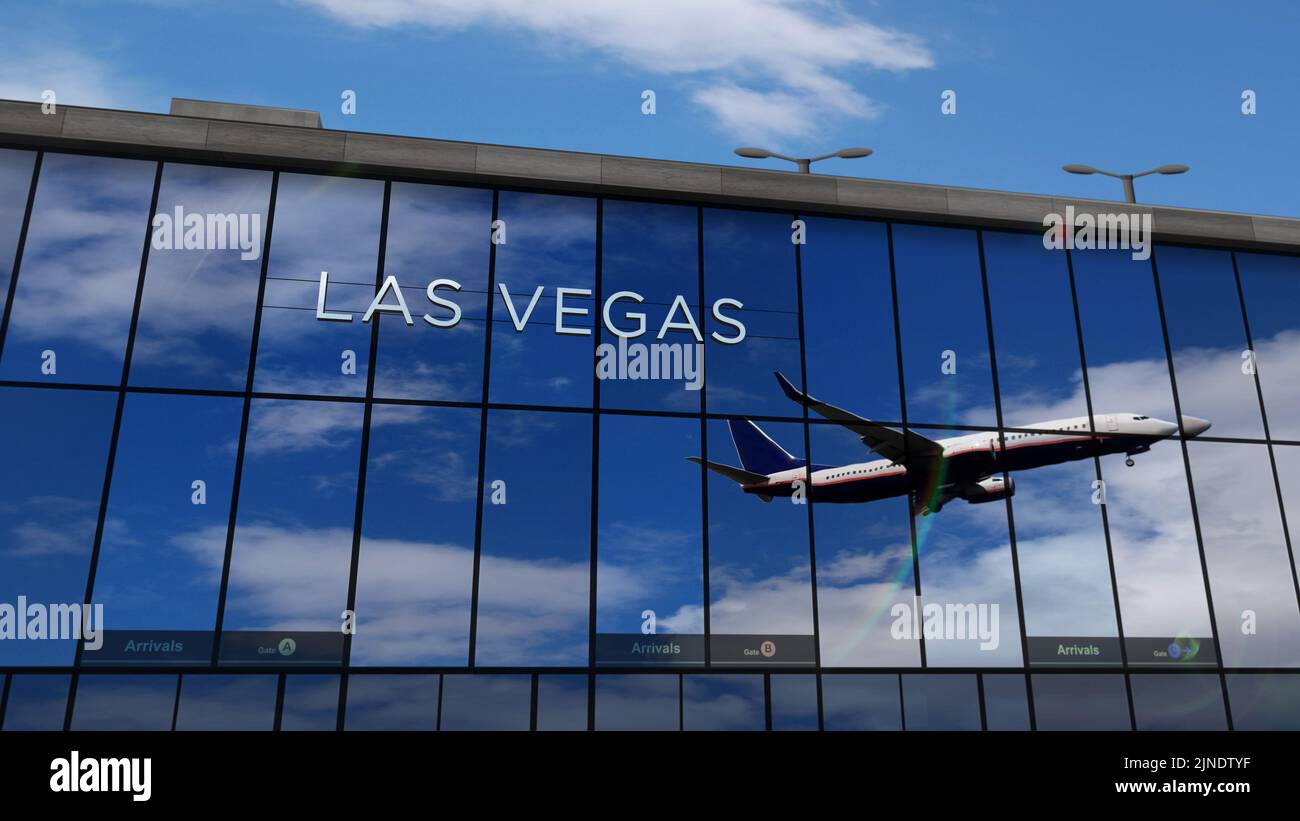 Aircraft landing at Las Vegas, Nevada, USA 3D rendering illustration. Arrival in the city with the glass airport terminal and reflection of jet plane. Stock Photo