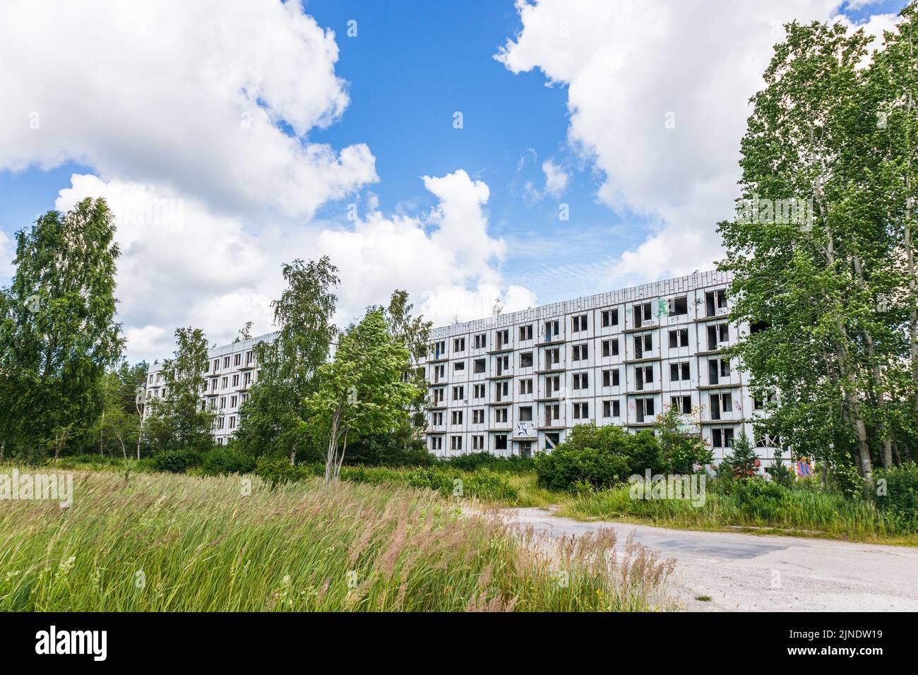 Abandoned secret Soviet Union military ghost town Irbene in Latvia Stock Photo