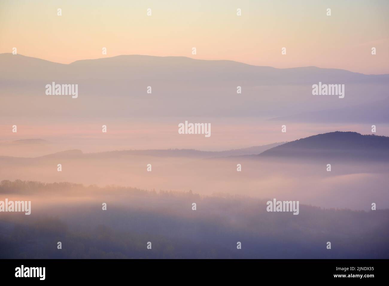 carpathian mountains at foggy sunrise. beautiful autumn landscape with forested rolling hills and glowing cloud inversion in the distance valley Stock Photo