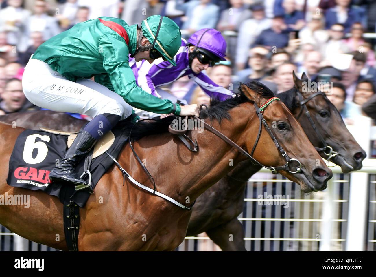 File photo dated 25-06-2022 of Shartash ridden by jockey Ben Coen (left). Johnny Murtagh has suggested a step up to seven furlongs is on the cards for Shartash following his staying-on third behind Little Big Bear in the Phoenix Stakes at the Curragh. Issue date: Thursday August 11, 2022. Stock Photo