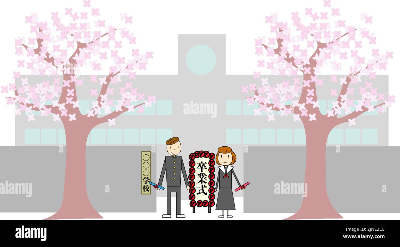 Cherry tree, school front gate and male and female students Stock Vector