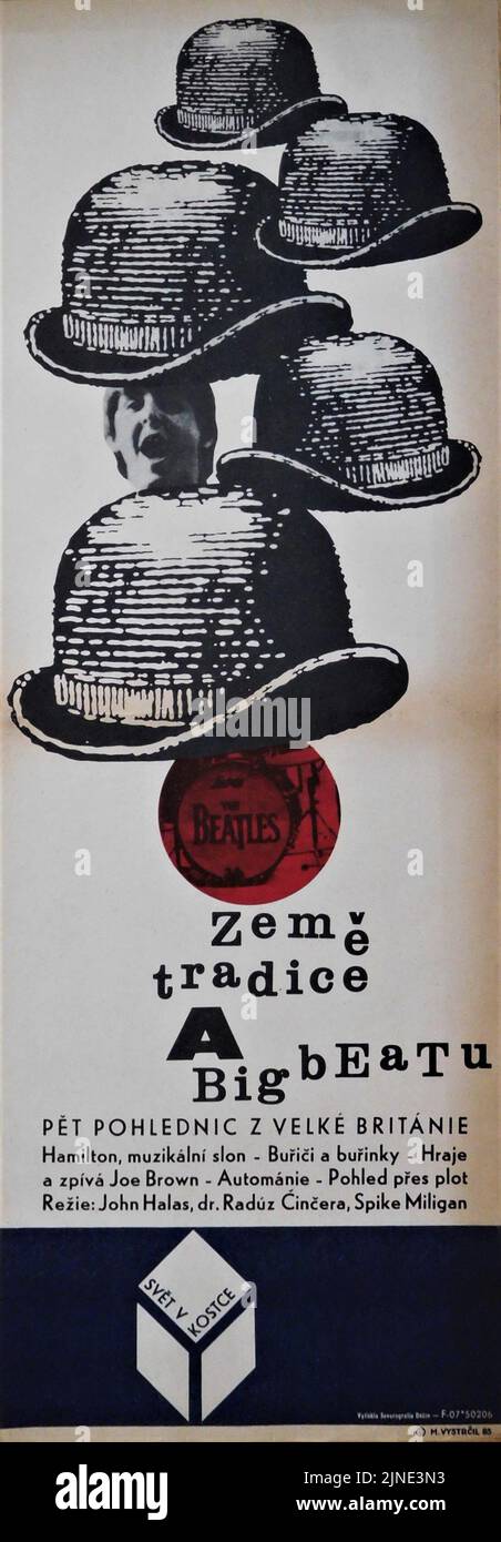 Czech Poster for ZEME TRADICE A BIG BEATU (LAND OF TRADITION AND BIG BEAT) - Pet Pohlednic a Velka Britanie (Five Postcards from Great Britain0 1965 compilation of 5 short films including Hamilton the Musical Elephant 1961 cartoon by John Halas and Joy Batchelor with music by John Dankworth, Joe Brown Plays and Sings, Automanie (director Raduz Cincera) and a short directed by Spike Milligan Stock Photo