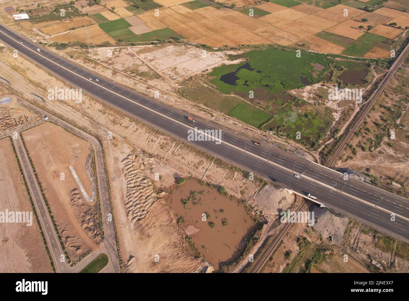 High Angle Footage and Aerial View of Pakistani Motorways M2 at Kala Shah Kaku Interchange to GT
