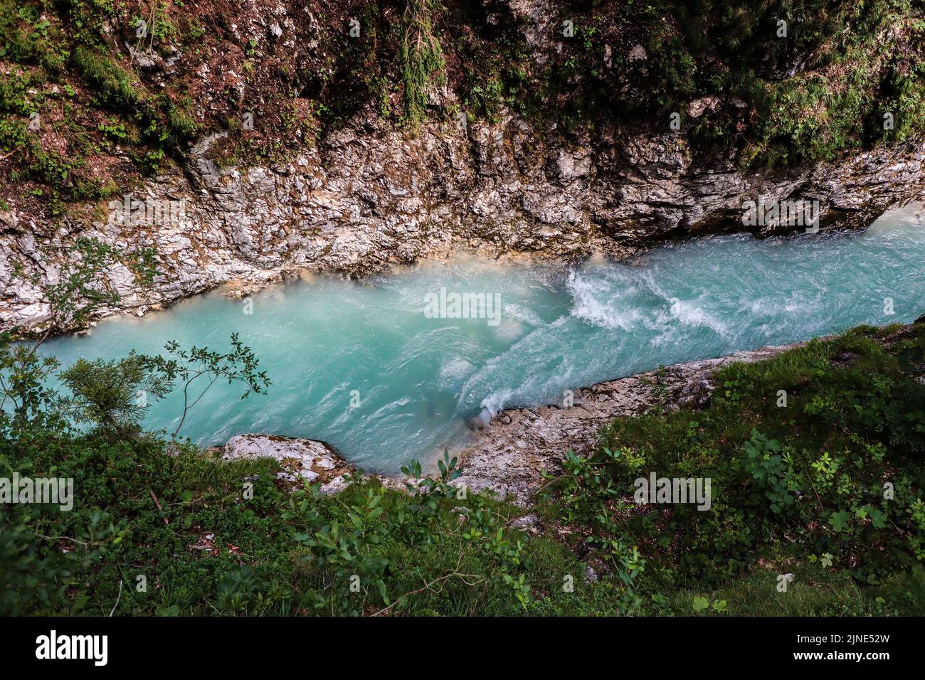 Top View of Leutascher Ache River in Leutasch Gorge. Above View of Mountain Turquoise Stream in Tyrolean Nature. Stock Photo