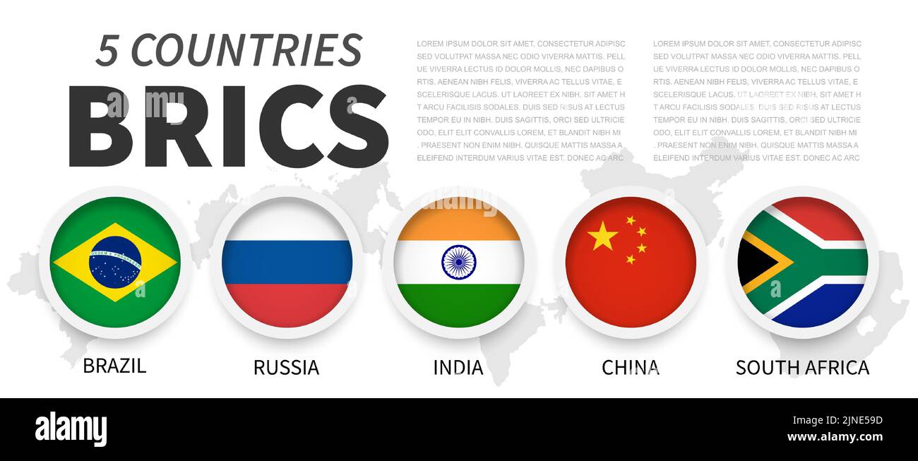 BRICS . Association of 5 countries . Simple circle flag with frame . White isolated background and country map . Vector . Stock Vector