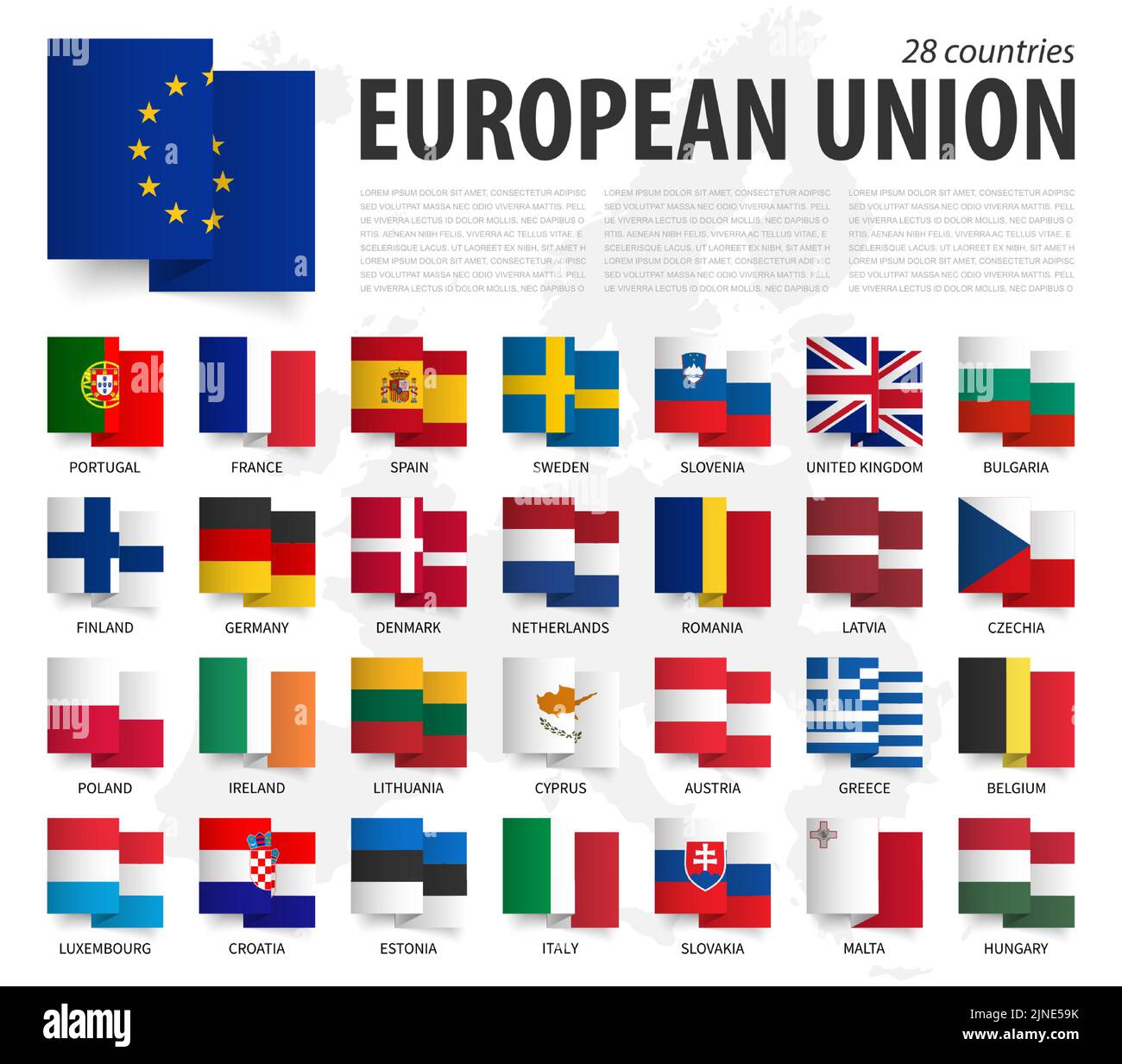 European Union . EU . Waving zig zag ribbon flag design . Europe map on background . Element vector . Stock Vector