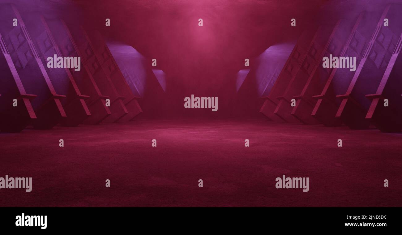 Celestial Alien Neon Lights Grunge Sci Fi Stage Laser Showroom Tunnel Corridor Underground Garage Car Room Cement Asphalt Concrete Mysterious Maroon B Stock Photo