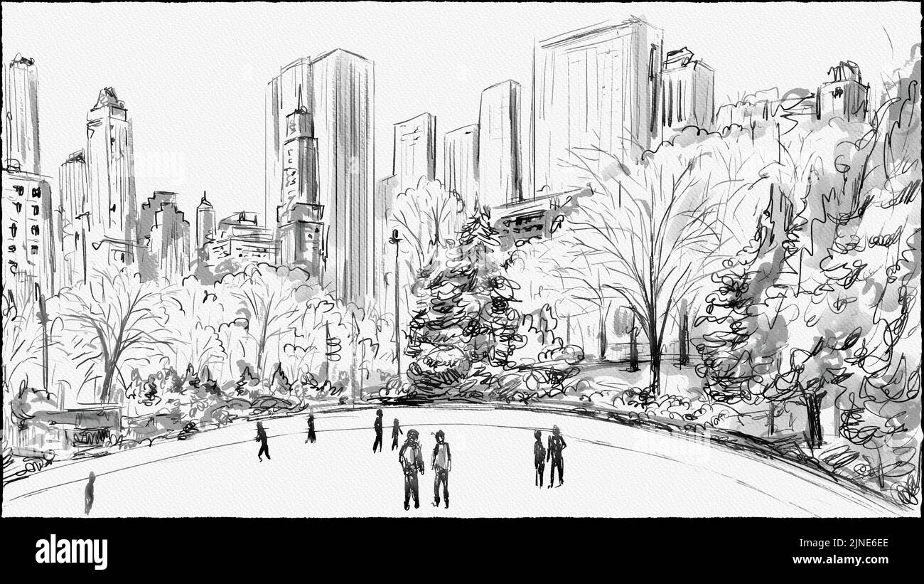 Pen and ink watercolor painting of Wollman Rink, a public ice rink in ...