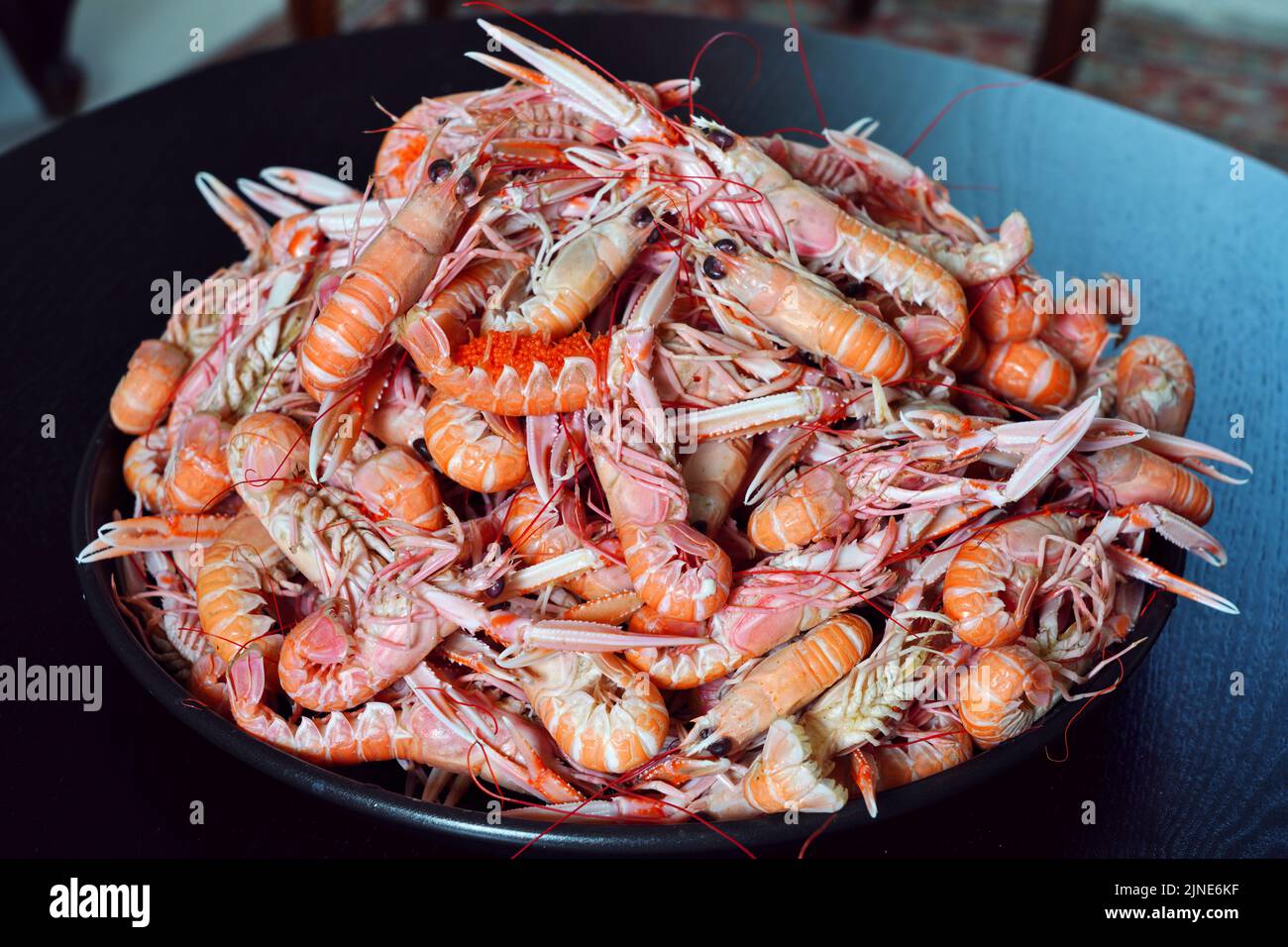 Platter of fresh cooked langostino in Brittany, France Stock Photo Alamy
