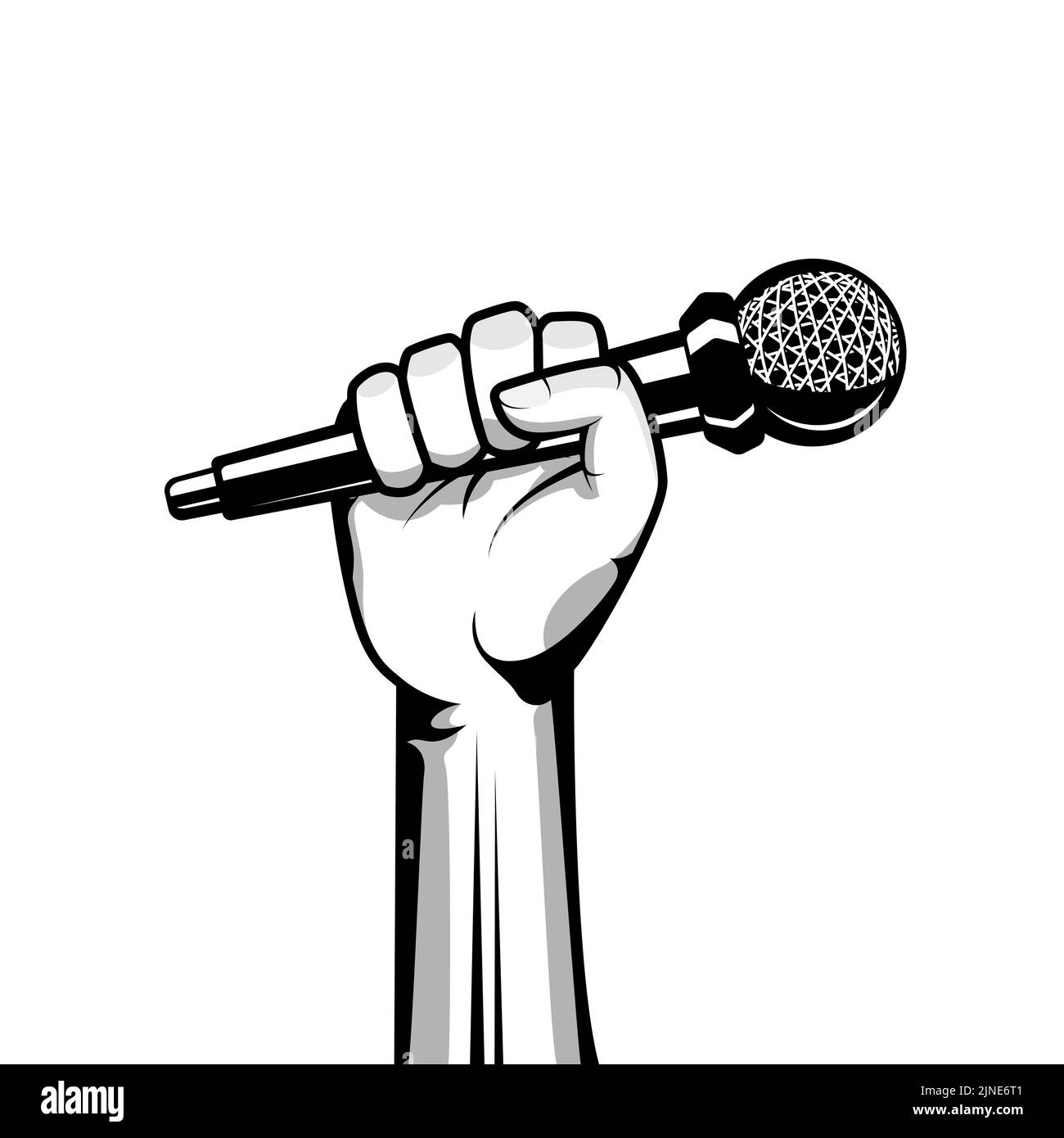 Hand holding microphone vector illustration. Hand and mic illustration. Stock Vector