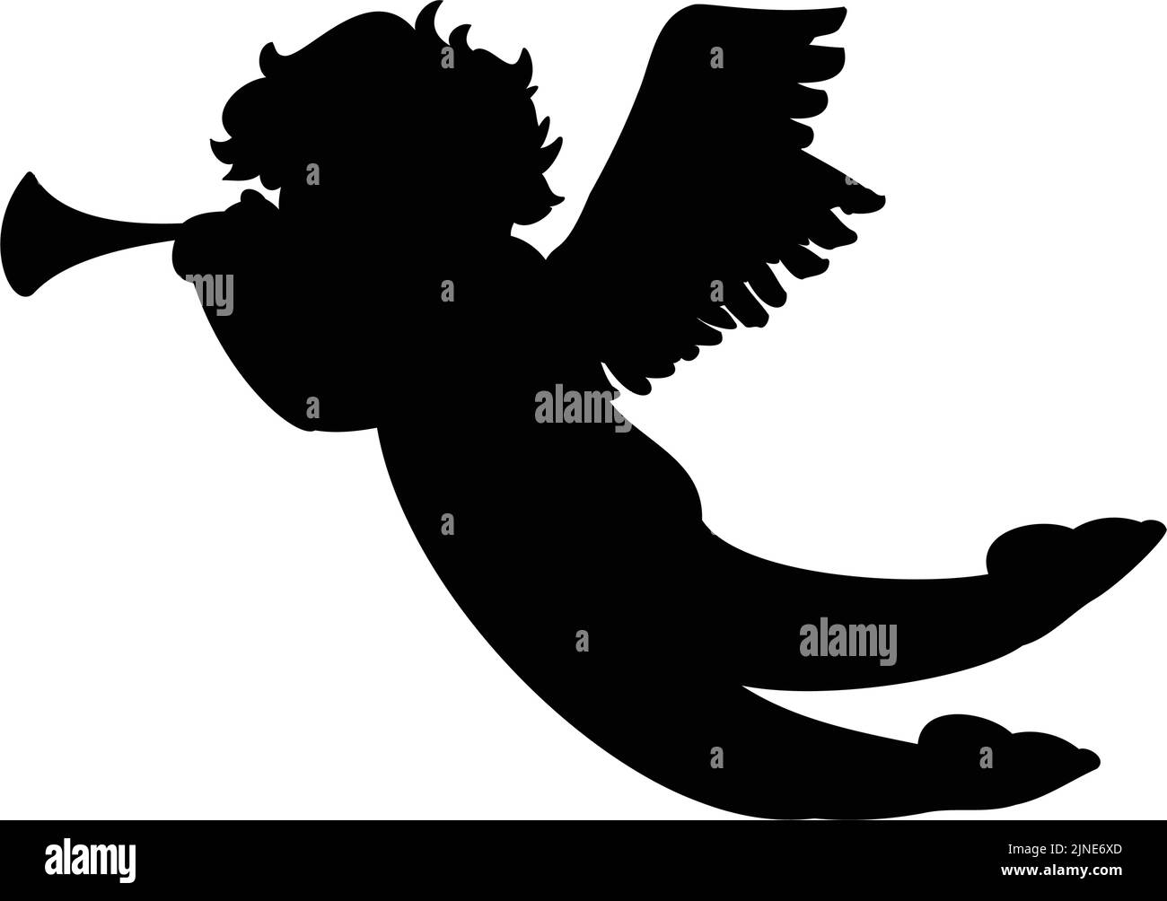 Cupid blows angel trumpet black silhouette Stock Vector