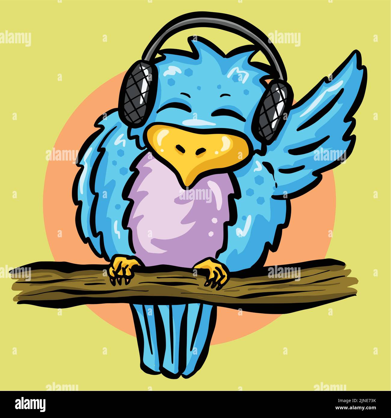 Funny Cartoon Blue Bird On a Branch Listening to Music on Headphones