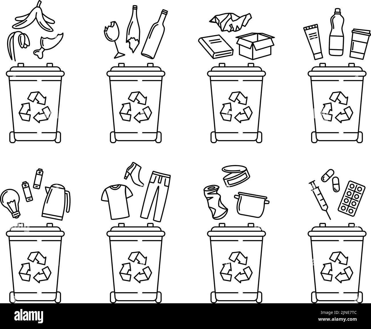 Set of garbage bins for recycling different types of waste. Sorting and recycling waste. vector illustration Stock Vector