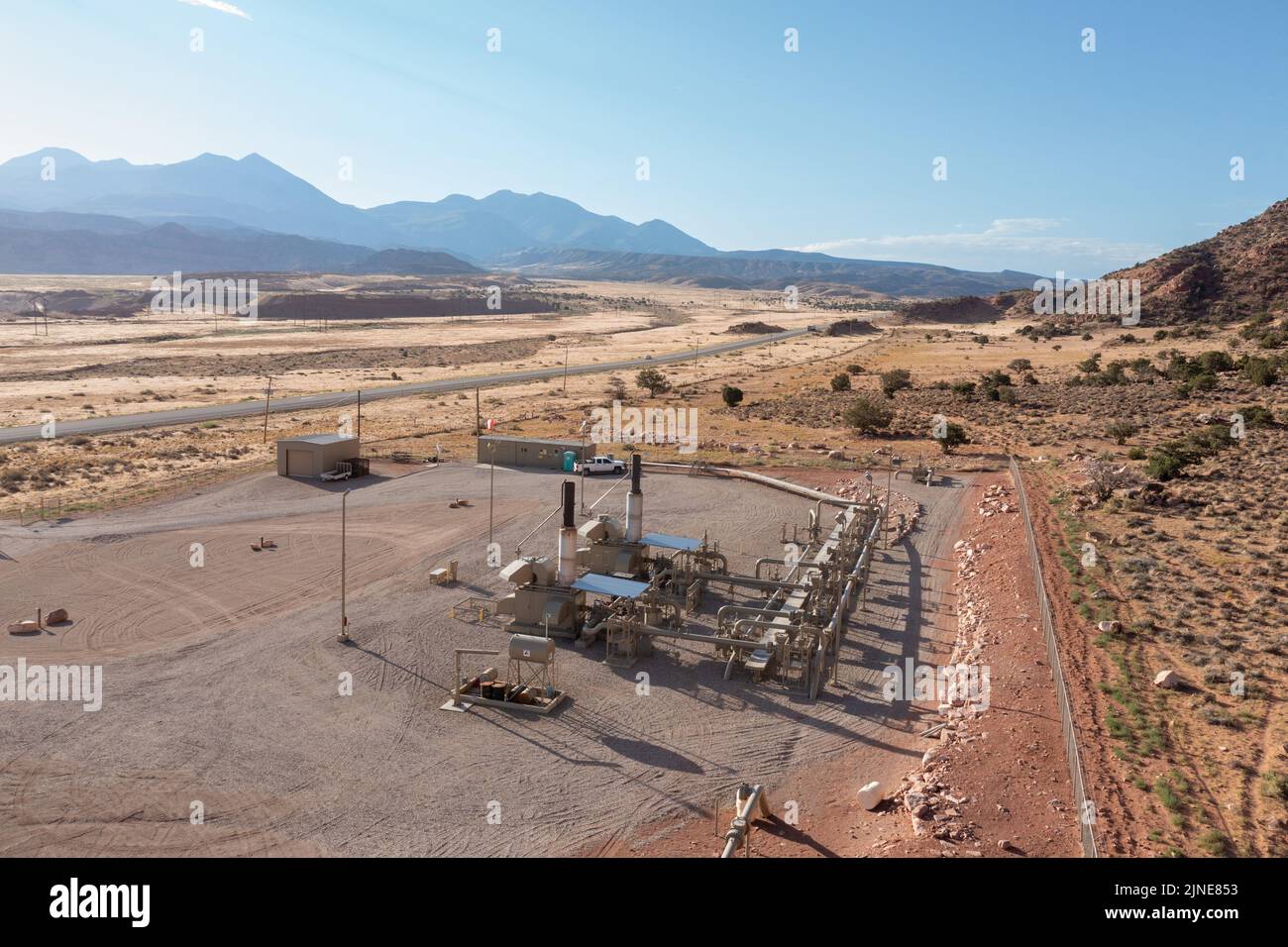 A small compressor station for an 12' LNG or liquified natural gas pipeline in Spanish Valley, near Moab, Utah. Stock Photo