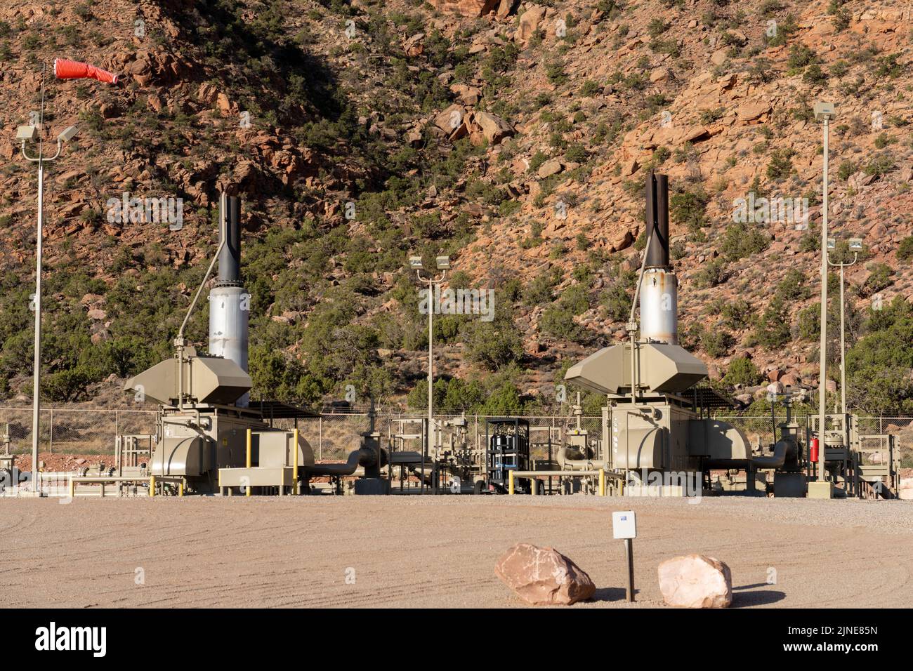 A small compressor station for an 12' LNG or liquified natural gas pipeline in Spanish Valley, near Moab, Utah. Stock Photo