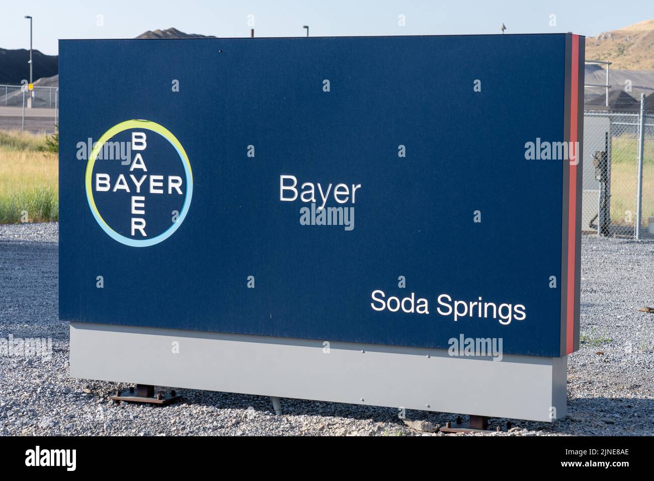 The sign for the Bayer phosphate mining and manufacturing facility in