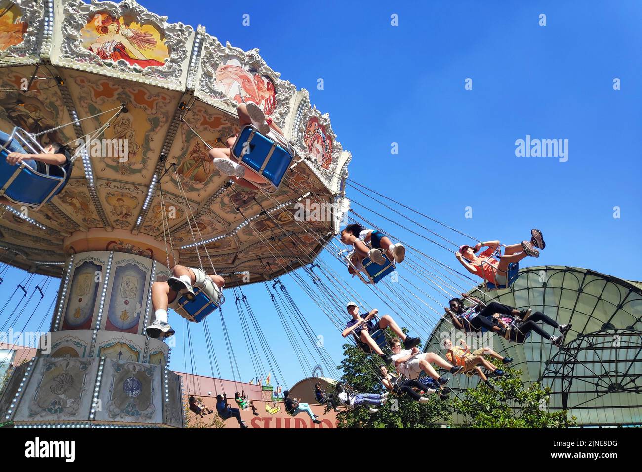 Plailly, France - August 10 2022: Les Chaises volantes is a swing ride located in Parc Astérix, a theme park in France based on the comic book series Stock Photo