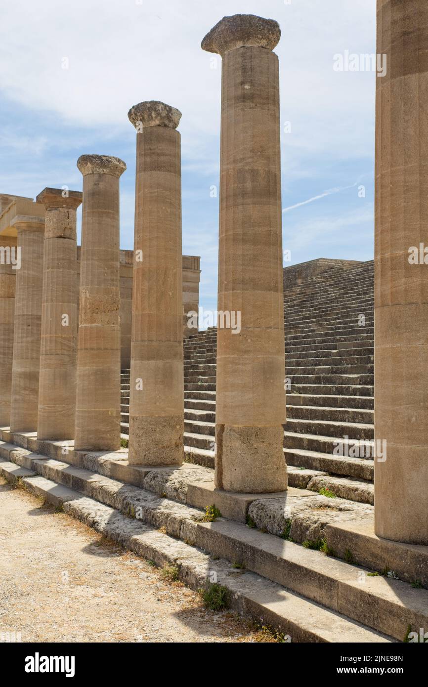 Ancient stone column in ancient acropolis of Lindos and medieval castle at Rhodes island, Greece