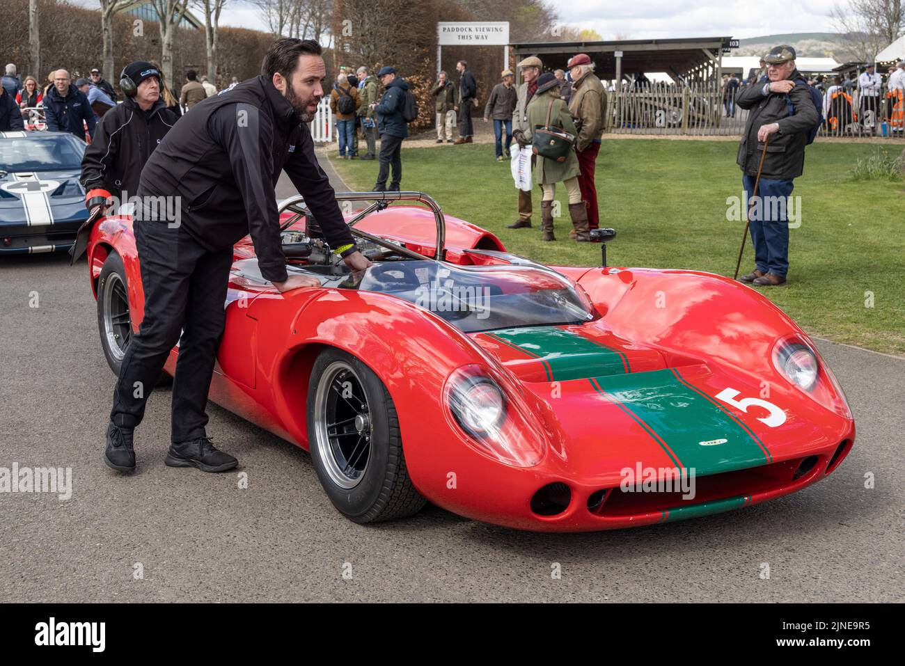 1965 Lola-Chevrolet T70 Spyder in the paddock before the Surtees Trophy race at the Goodwood 79th Members Meeting, Sussex, UK. Stock Photo