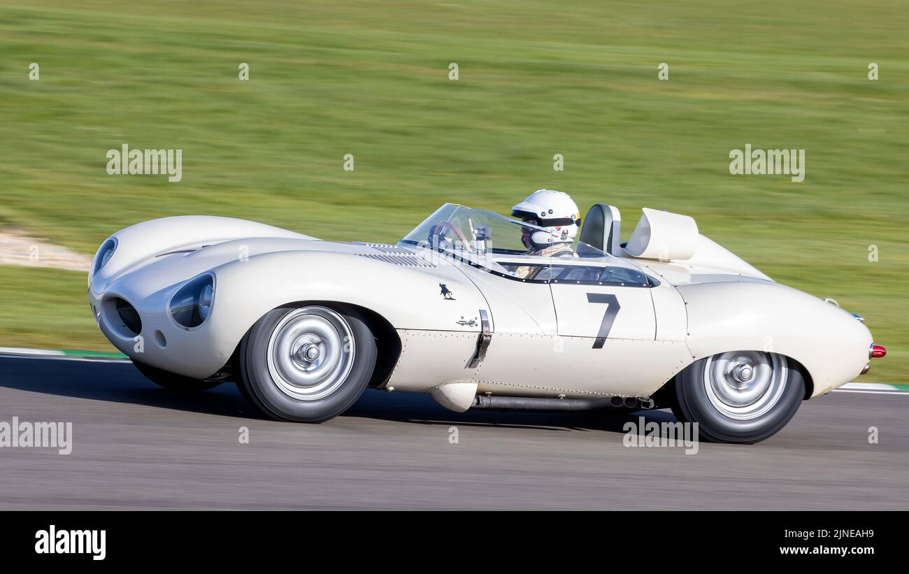 1955 Jaguar D-Type with driver Gary Pearson during the Peter Collins Trophy race at the Goodwood 79th Members Meeting, Sussex, UK. Stock Photo