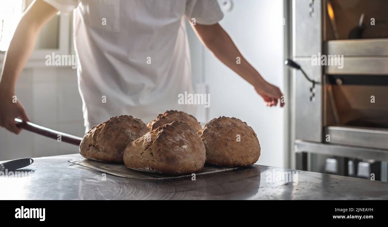 The baker is a man in the process of baking bread. Production of bakery ...