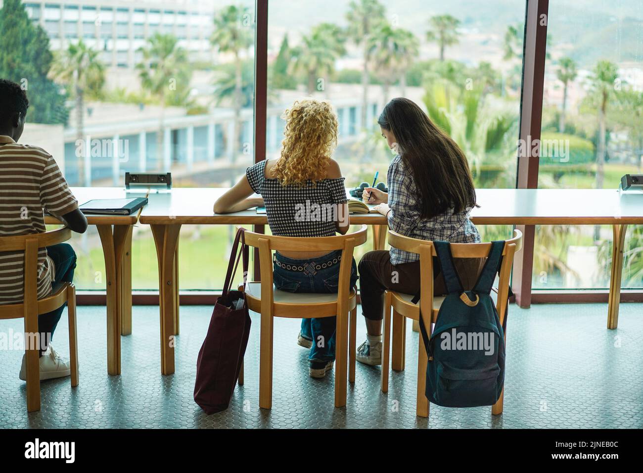 Young students studying inside university library - Focus on girls back Stock Photo