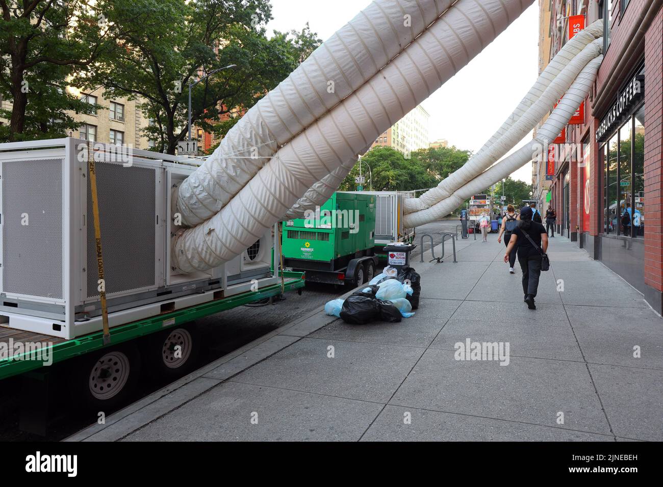 Rental portable air conditioning units, portable cooling, on a trailer cooling an event space in a building in Manhattan's Upper West Side, New York. Stock Photo