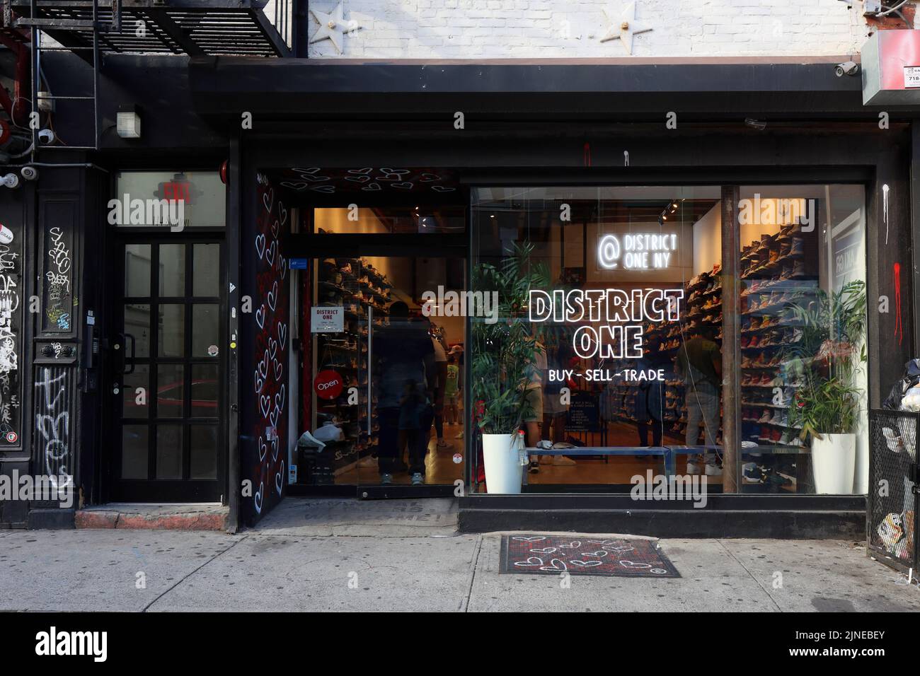 District One, 114 Stanton St, New York, NY. exterior storefront of a sneaker store in Manhattan's Lower East Side neighborhood. Stock Photo