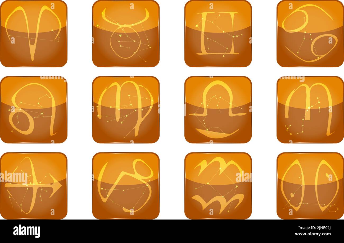 12 constellations yellow button icon set, plus star shape Stock Vector ...