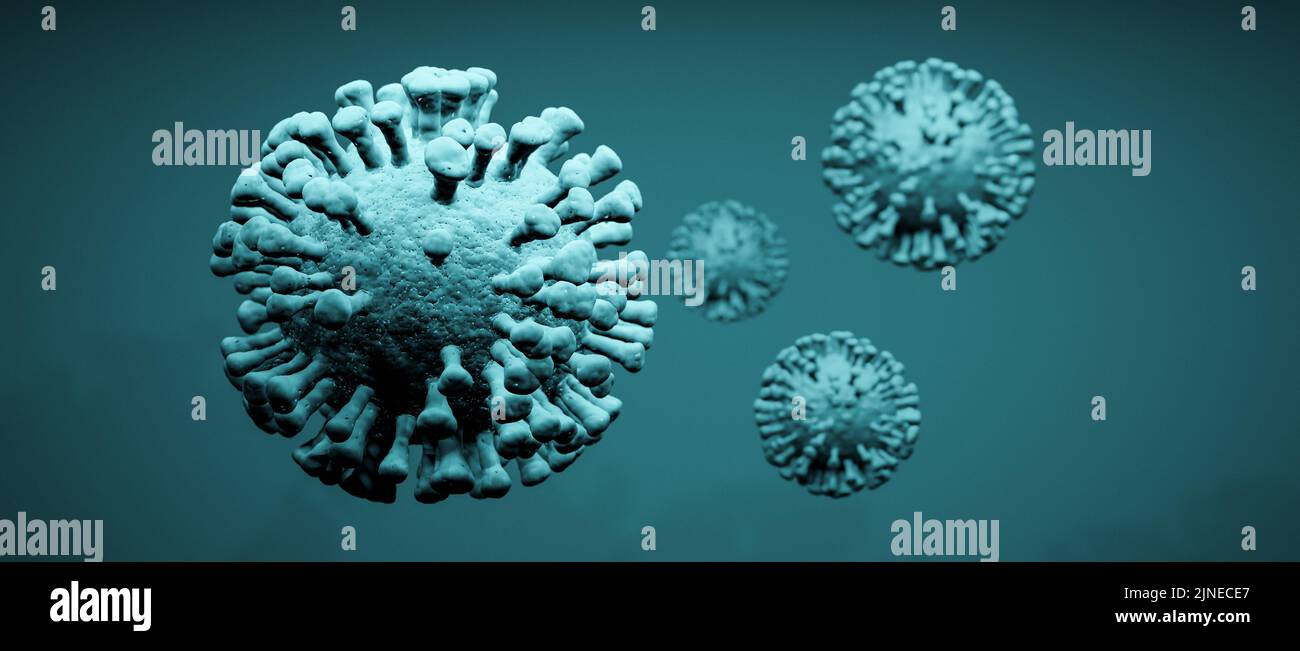 Illustration of a group of virus cells on turquoise background Stock Photo