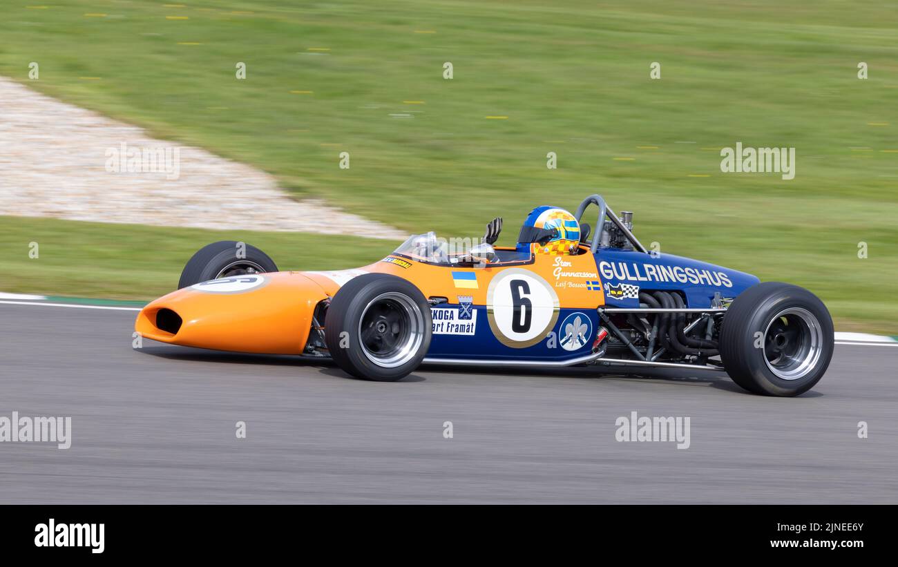 1970 Brabham-Ford BT28 formula 3 racer with driver Leif Bosson during the Derek Bell Cup race at the 79th Members Meeting, Goodwood, Sussex, UK. Stock Photo