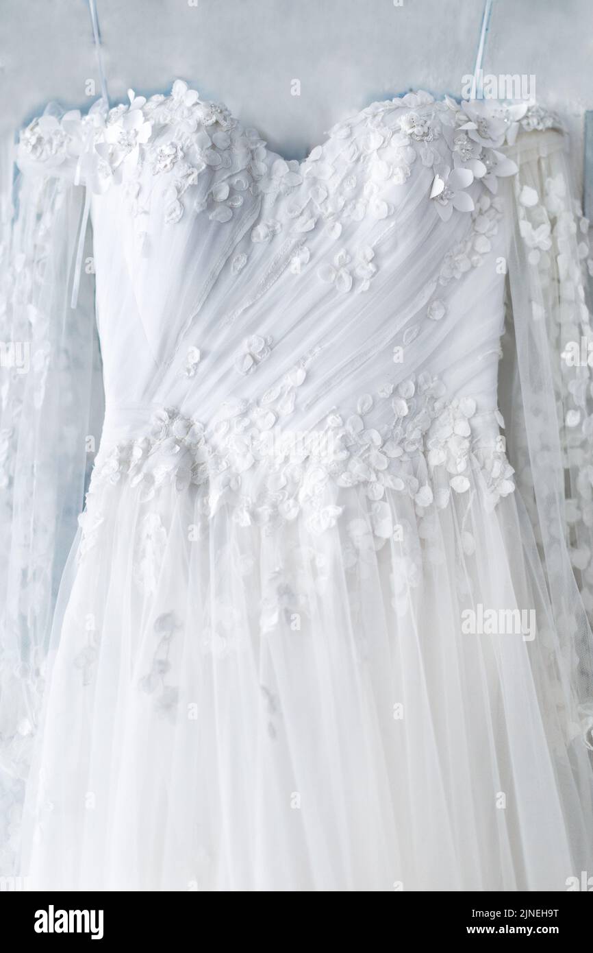 Beige wedding dress with lace Details closeup Stock Photo Alamy