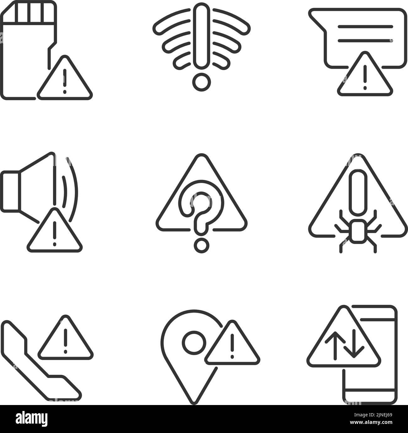Common electronic device issues pixel perfect linear icons set Stock Vector