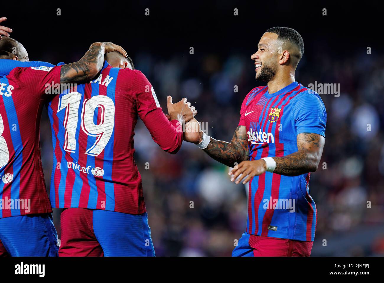 BARCELONA - MAY 1: Barcelona players celebrate after scoring a goal at the La Liga match between FC Barcelona and RCD Mallorca at the Camp Nou Stadium Stock Photo
