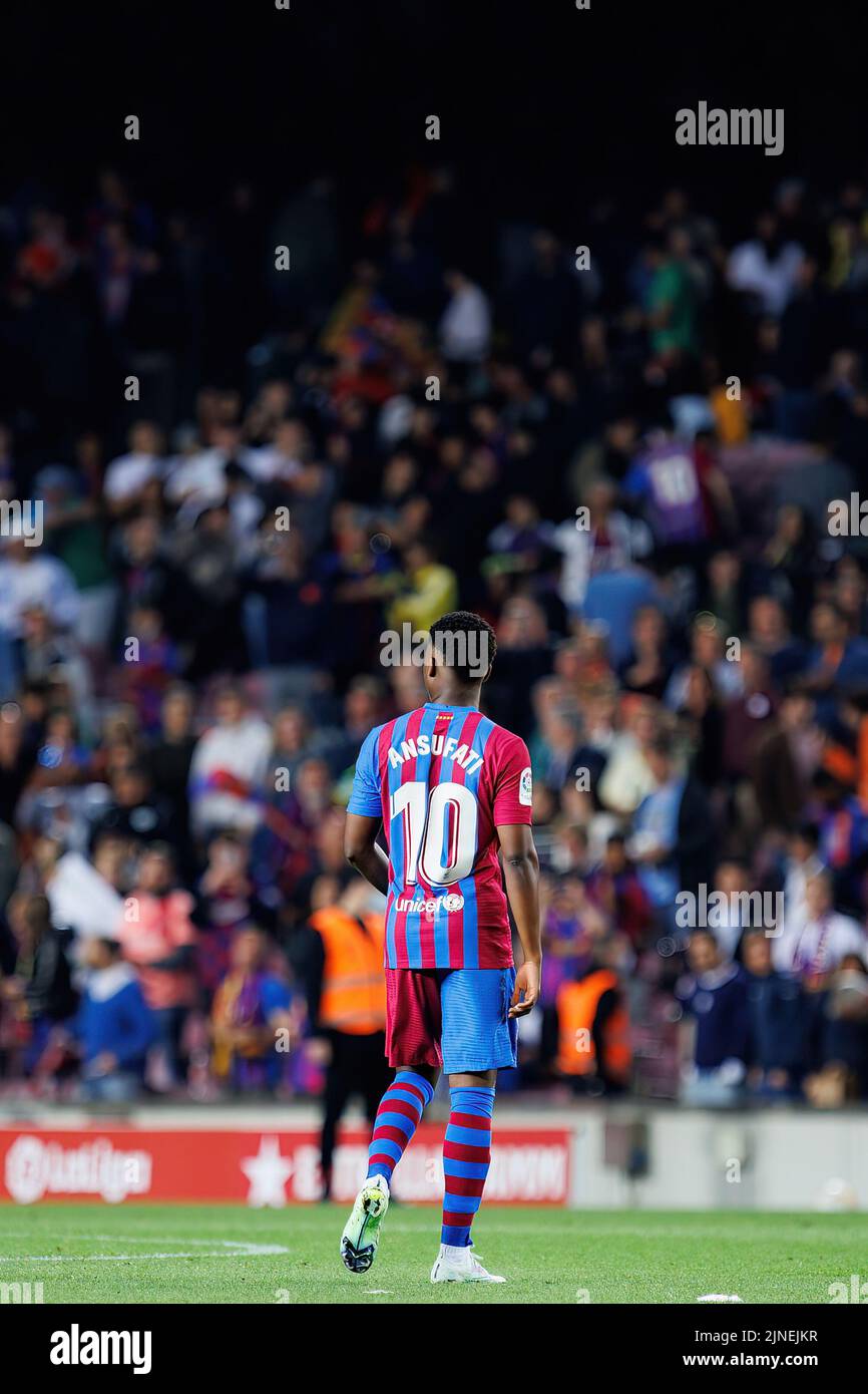 BARCELONA - MAY 1: Ansu Fati in action during the La Liga match between FC Barcelona and RCD Mallorca at the Camp Nou Stadium on May 1, 2022 in Barcel Stock Photo