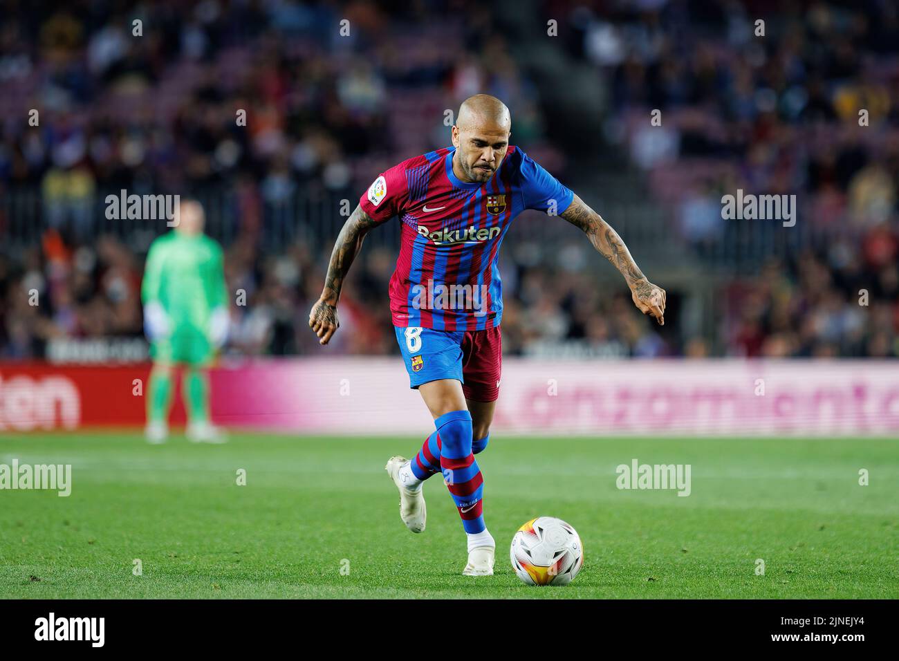 BARCELONA - MAY 1: Dani Alves in action during the La Liga match between FC Barcelona and RCD Mallorca at the Camp Nou Stadium on May 1, 2022 in Barce Stock Photo