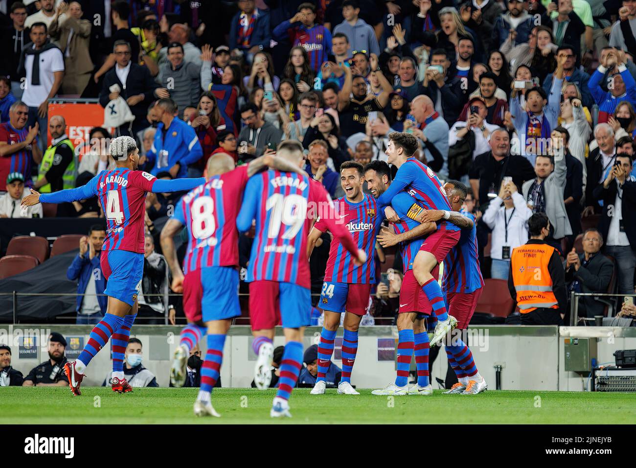 BARCELONA - MAY 1: Barcelona players celebrate after scoring a goal at the La Liga match between FC Barcelona and RCD Mallorca at the Camp Nou Stadium Stock Photo