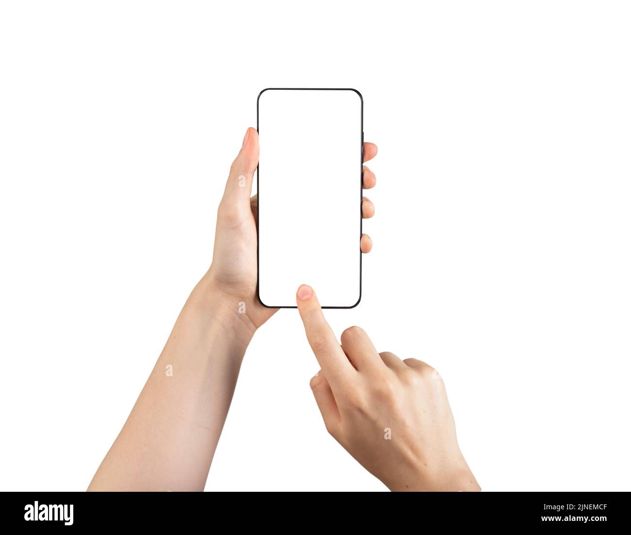 Forefinger tapping home button on phone mockup isolated on white background. Android template with blank display. High quality photo Stock Photo