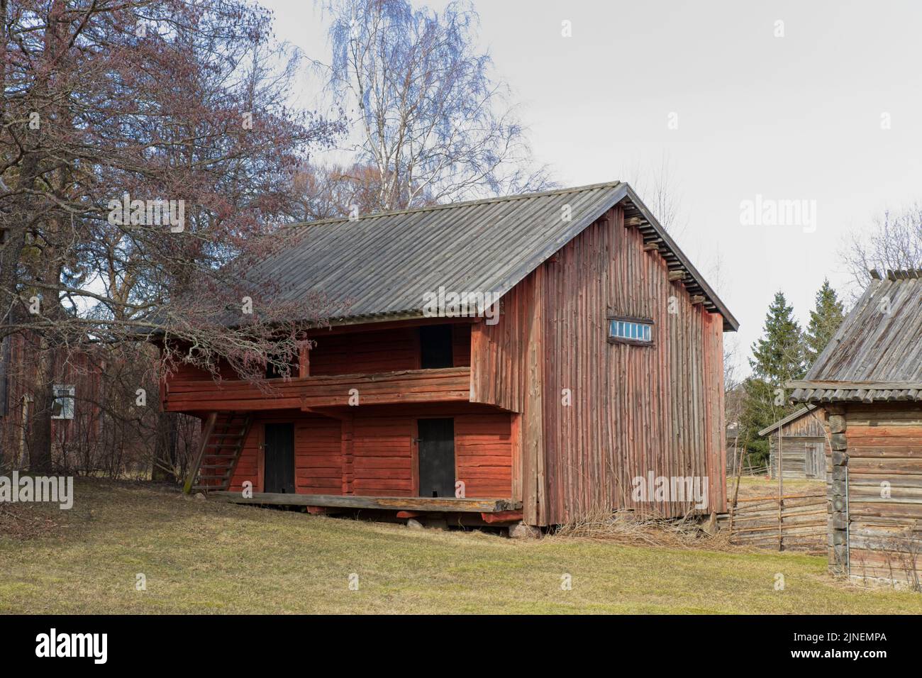 Old traditional red painted wooden building at Kemiönsaari, Finalnd. Stock Photo