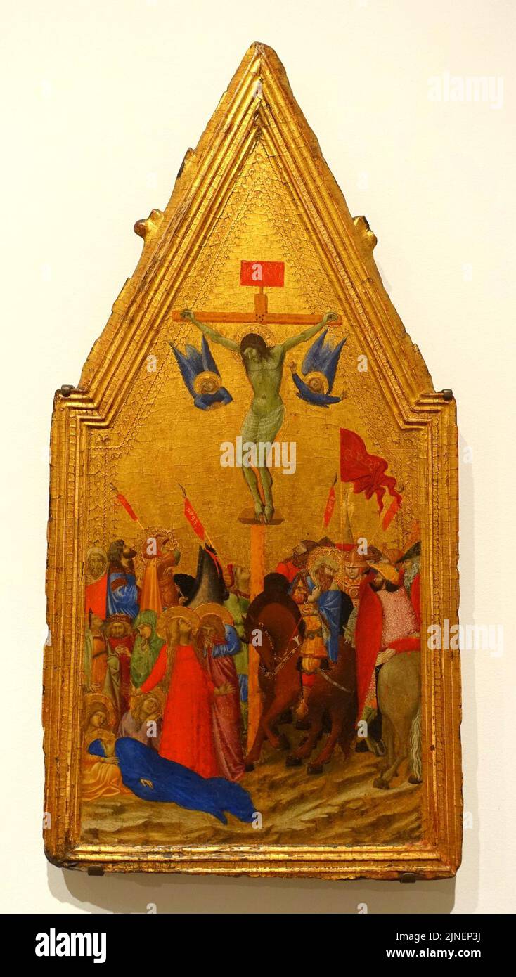 The Crucifixion by Ambrogio Lorenzetti, Italian, c. 1345, tempera and gold on panel with engaged frame Stock Photo