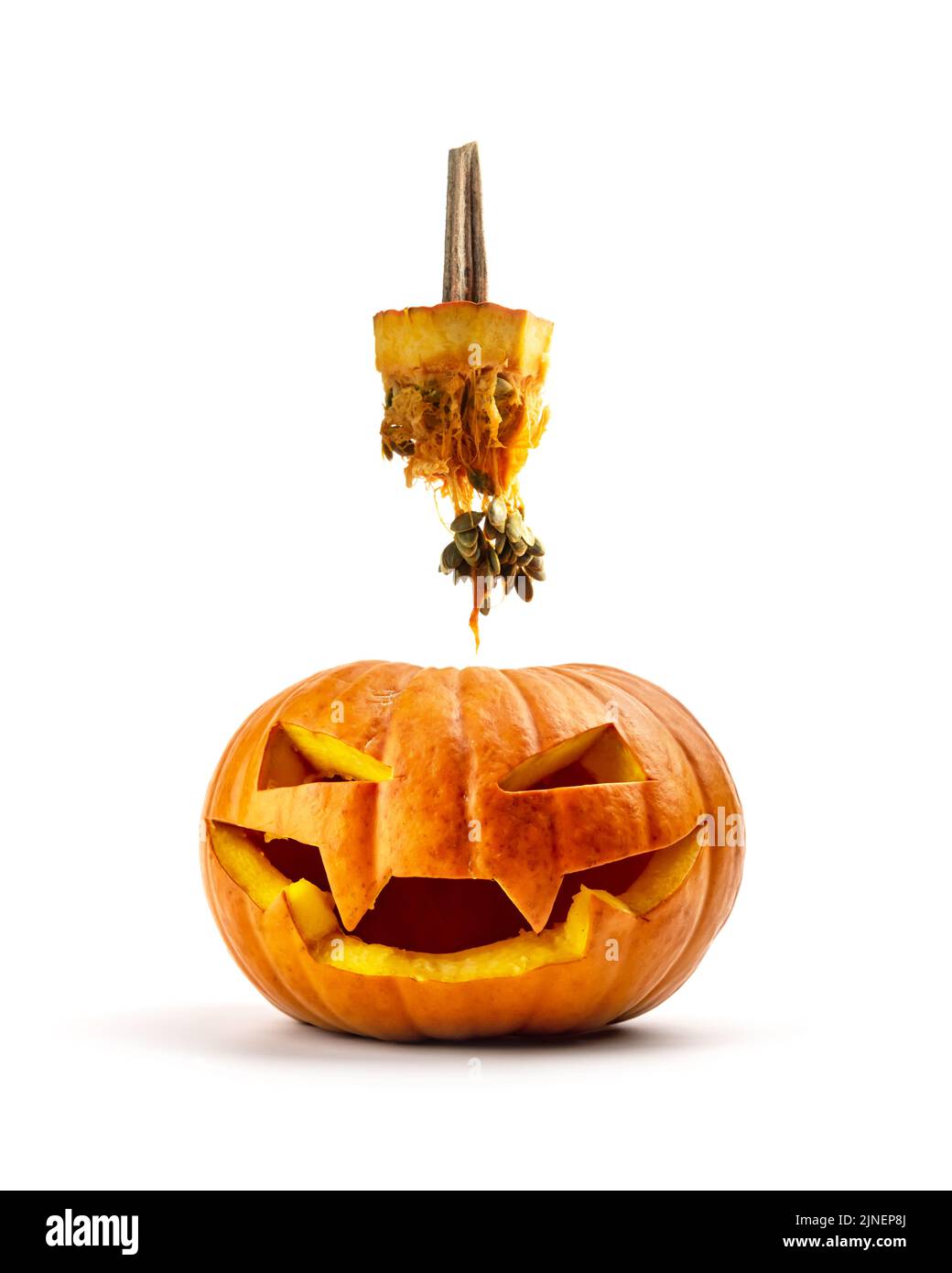 Pumpkin halloween Jack O'Lantern with brain isolated on white background. Creative Halloween holiday concept Stock Photo