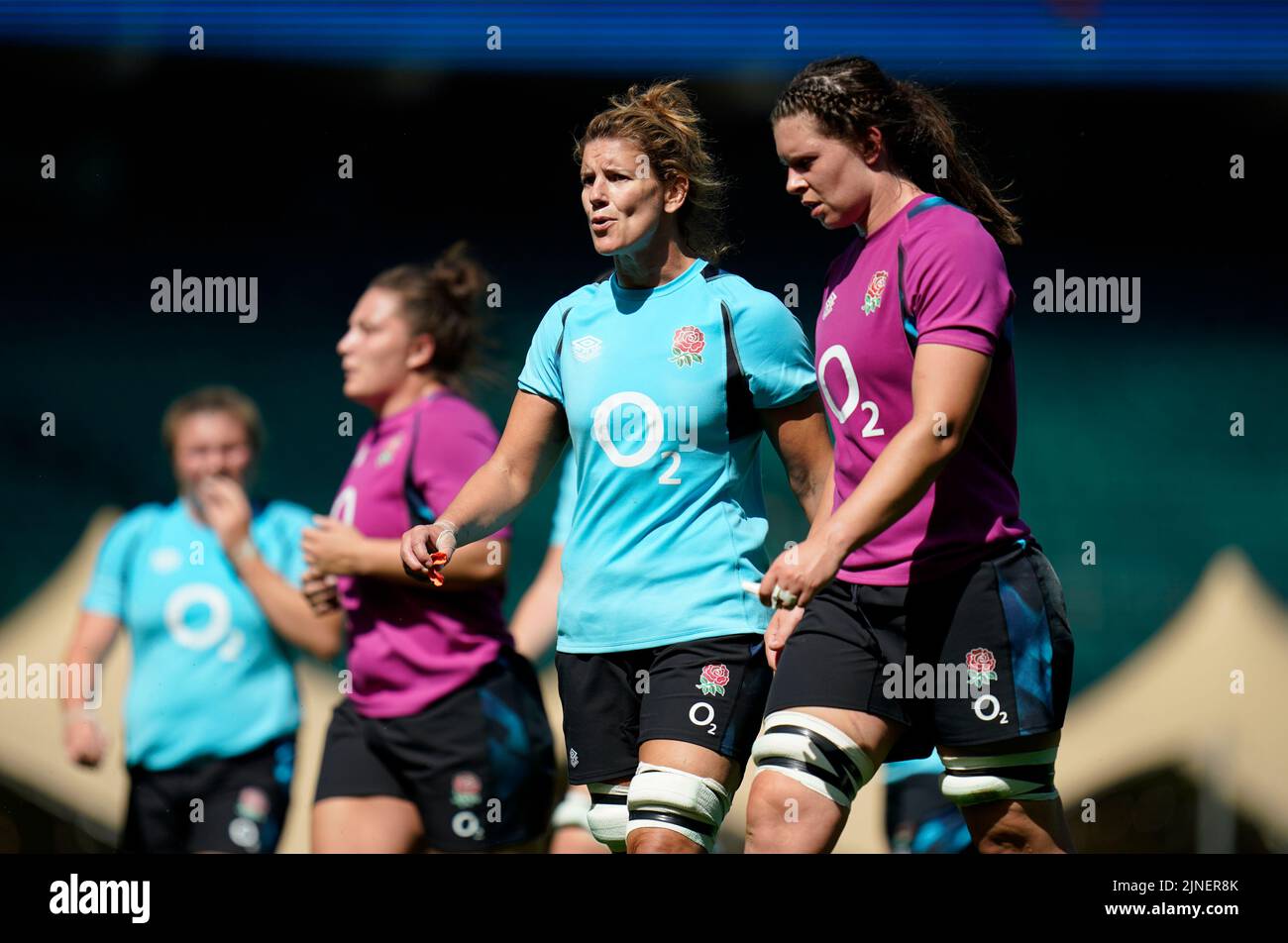England's Sarah Hunter (centre) and Abbie Ward during an open training session at Twickenham Stadium, London. Picture date: Thursday August 11, 2022. Stock Photo