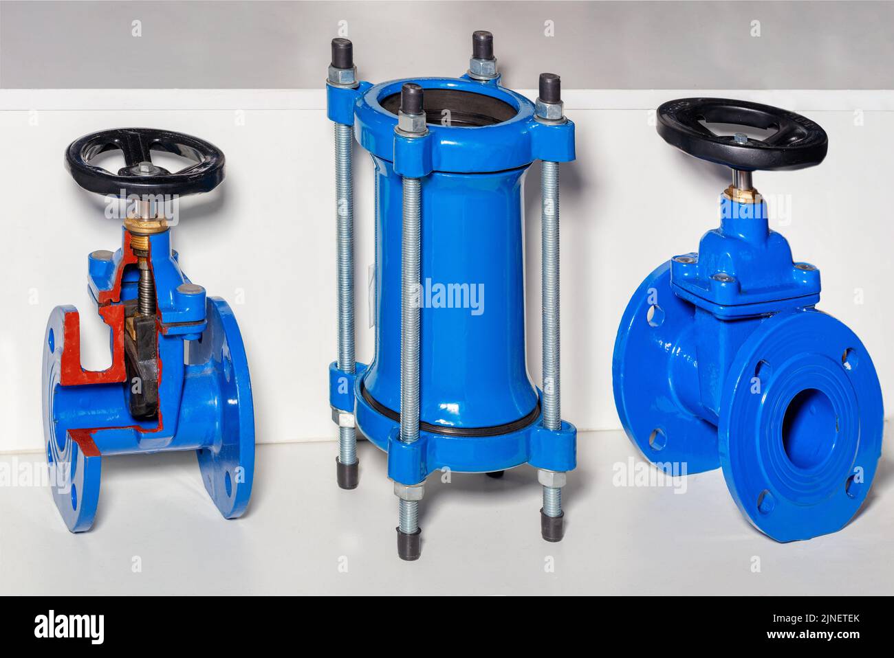 Industrial shut-off valves and coupling for use in pipelines and cold or hot water circulation. Stock Photo