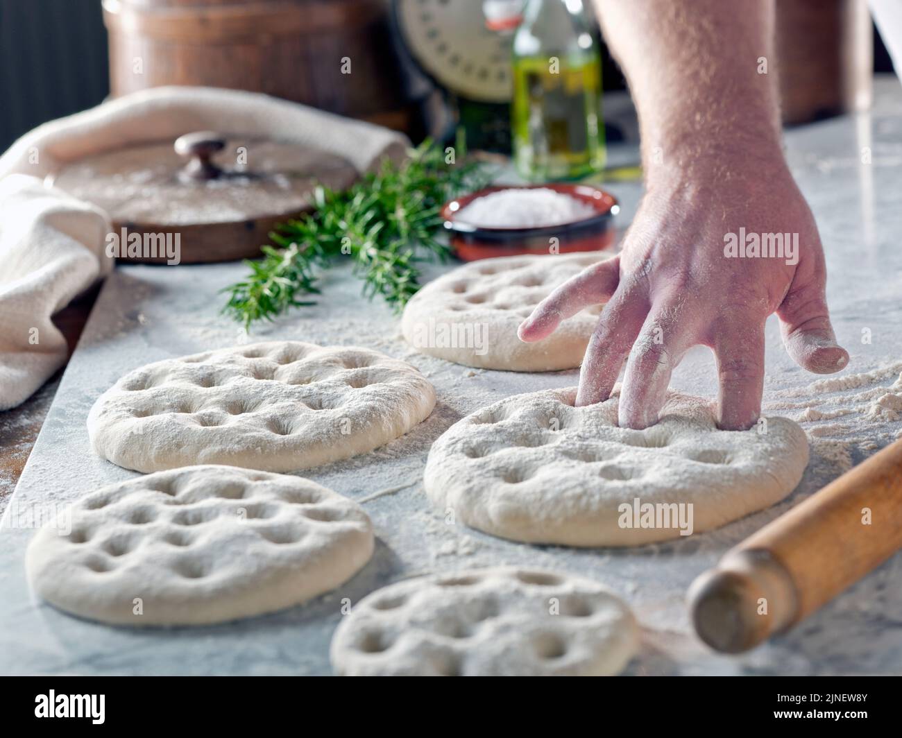 focaccia bread making Stock Photo