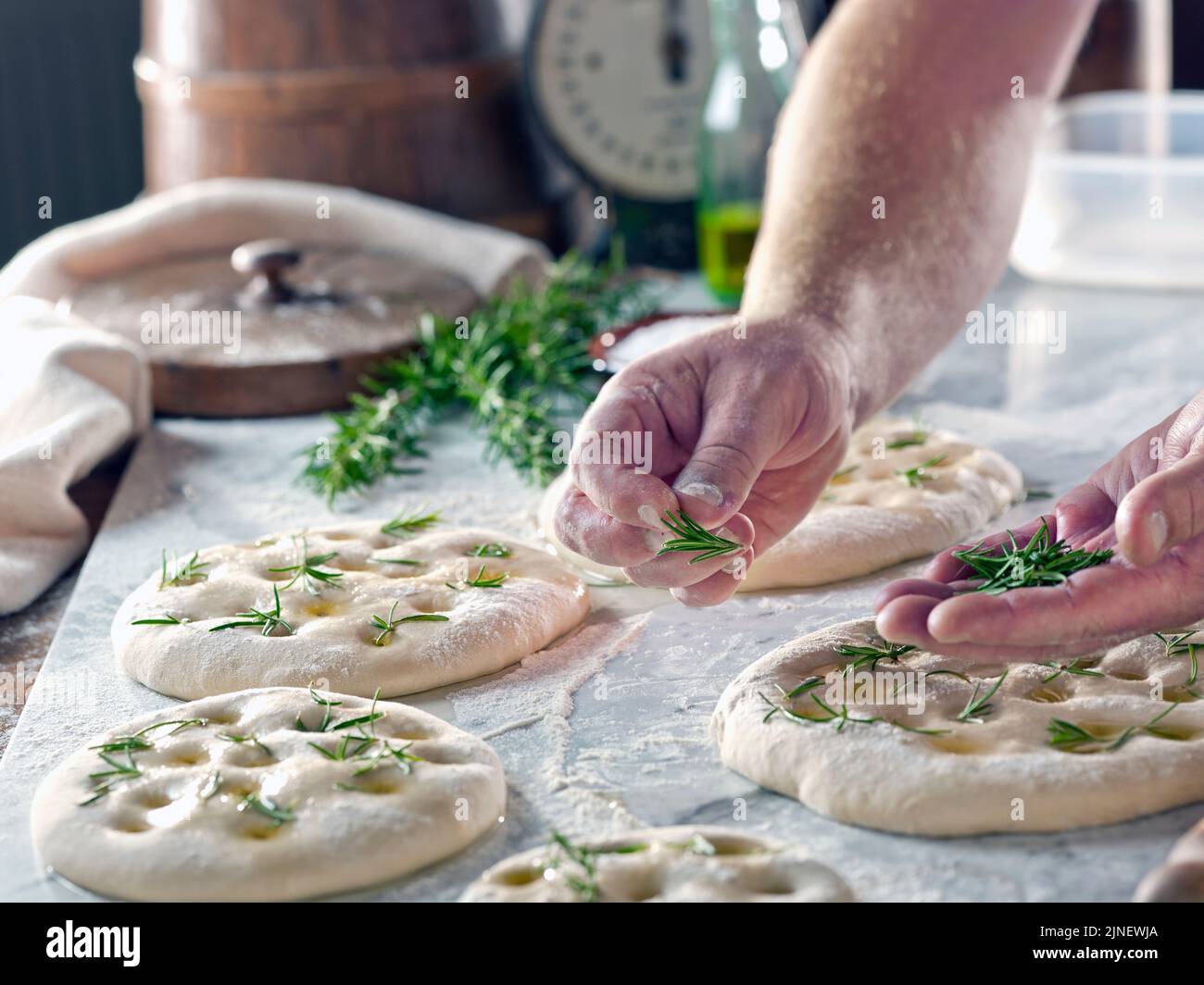 focaccia bread making Stock Photo Alamy