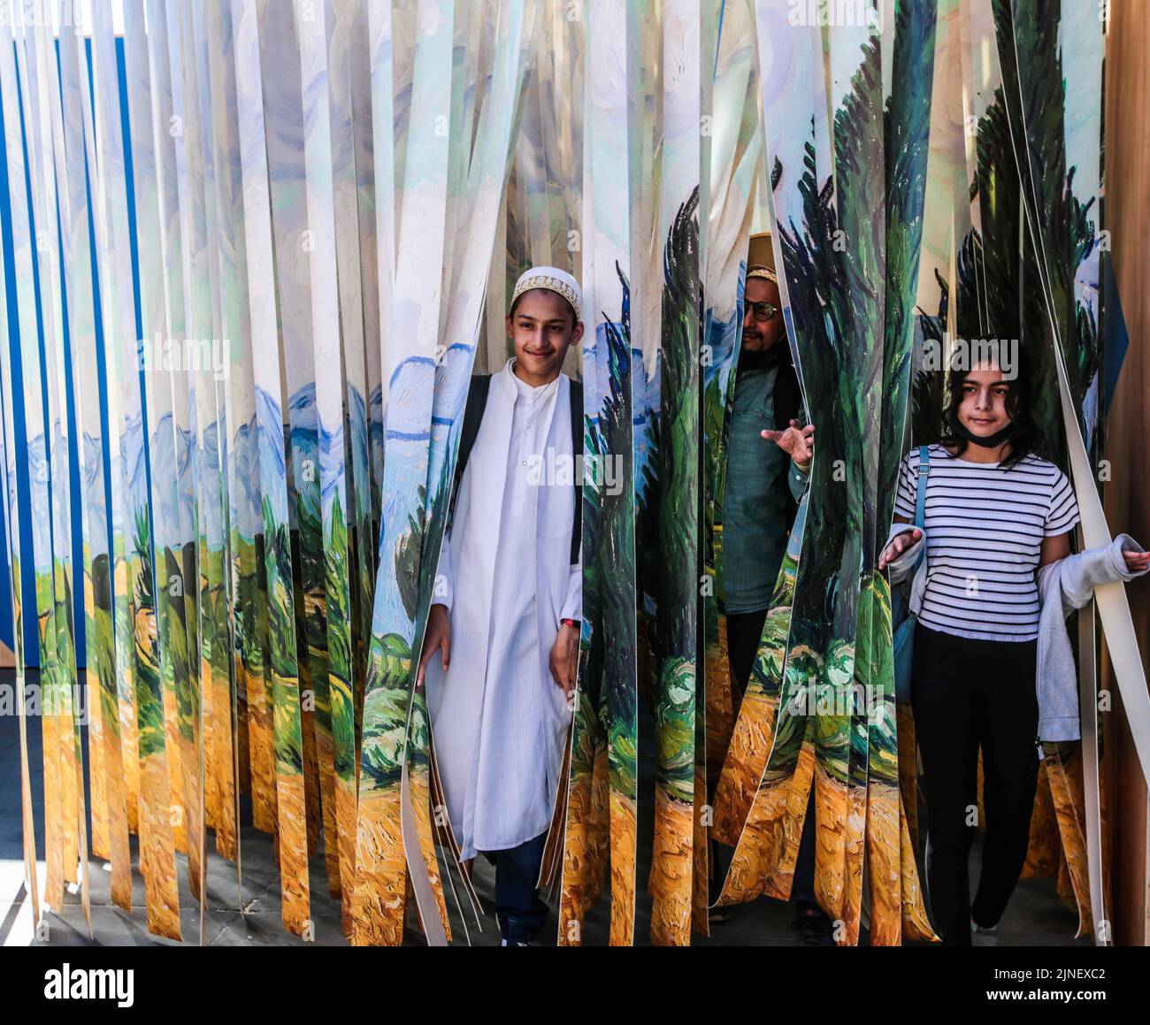London UK 11 August 2022 Cypresses the late 19th-century painting by Dutch artist Vincent van Gogh painted around June 1889. Done in oil on canvas, has been cut in hundred of stripes ,were visitors walk trough the painting itself ,great fun Paul Quezada-Neiman/Alamy Live News Stock Photo