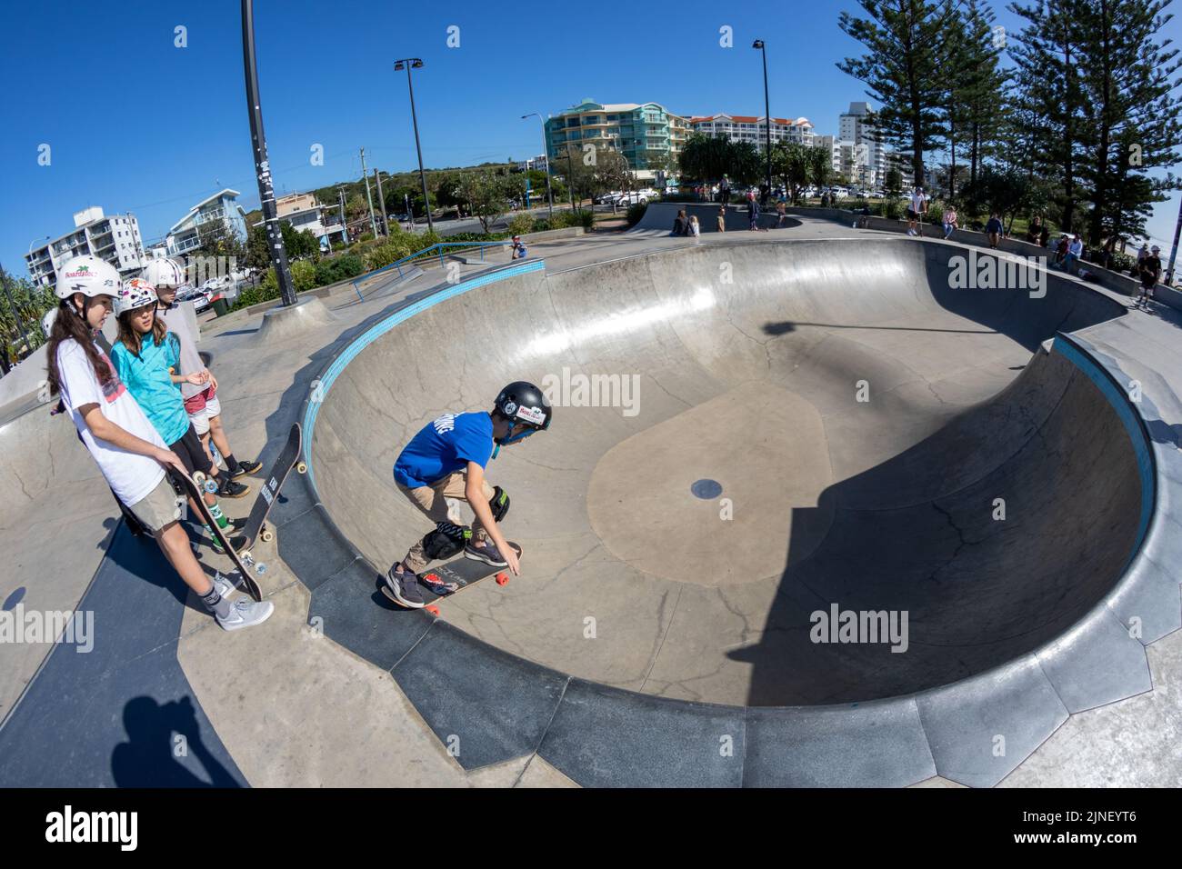 A young skater at Alexandra Headland skate park in Queensland, Australia Stock Photo