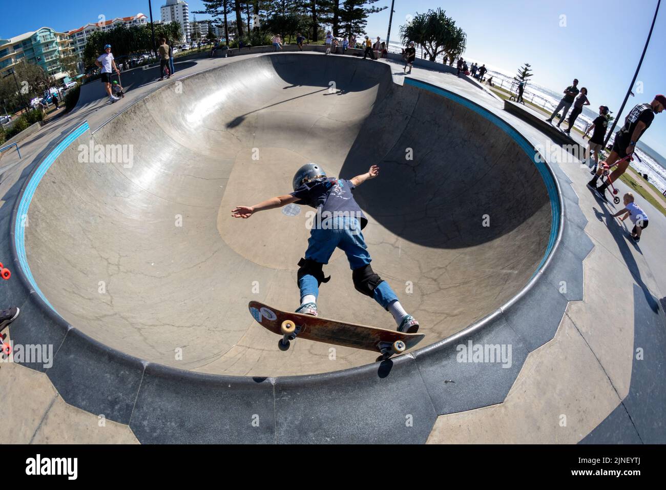 A young skater at Alexandra Headland skate park in Queensland, Australia Stock Photo