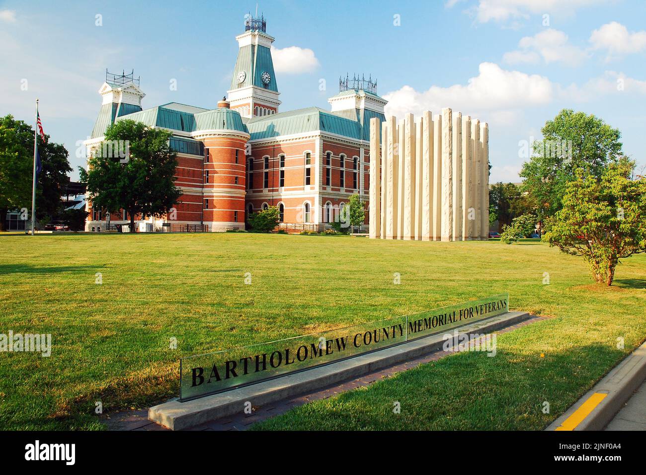 Stone pillars serve as the Veterans Memorial on the grounds of the