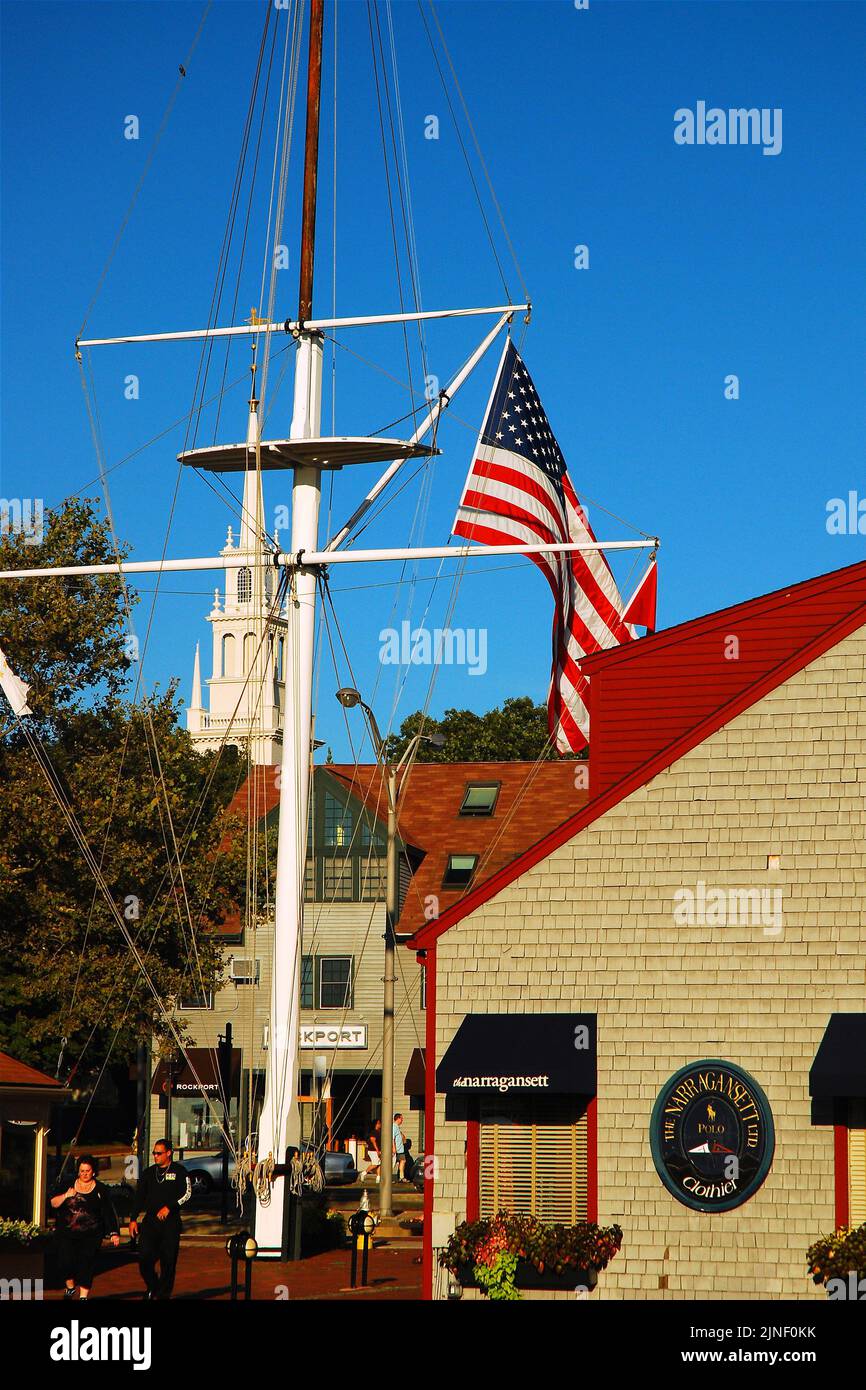 A ship's mast with an American flag stands in the center of Bowen's